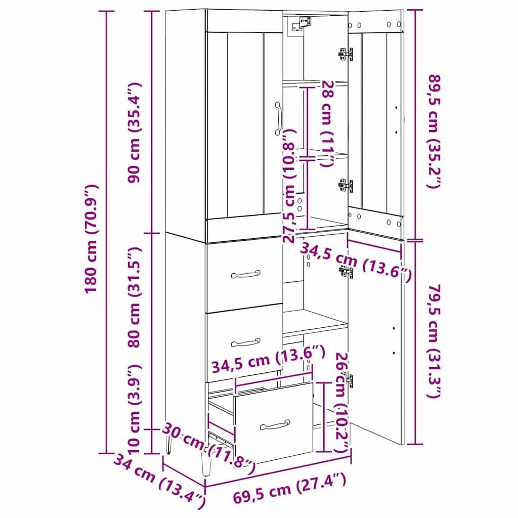 Hochschrank-Diagramm mit beschrifteten Abmessungen in Zentimetern und Zoll, das Regale, Schubladen und die Gesamthöhe von 180 cm (70,9 Zoll) hervorhebt.