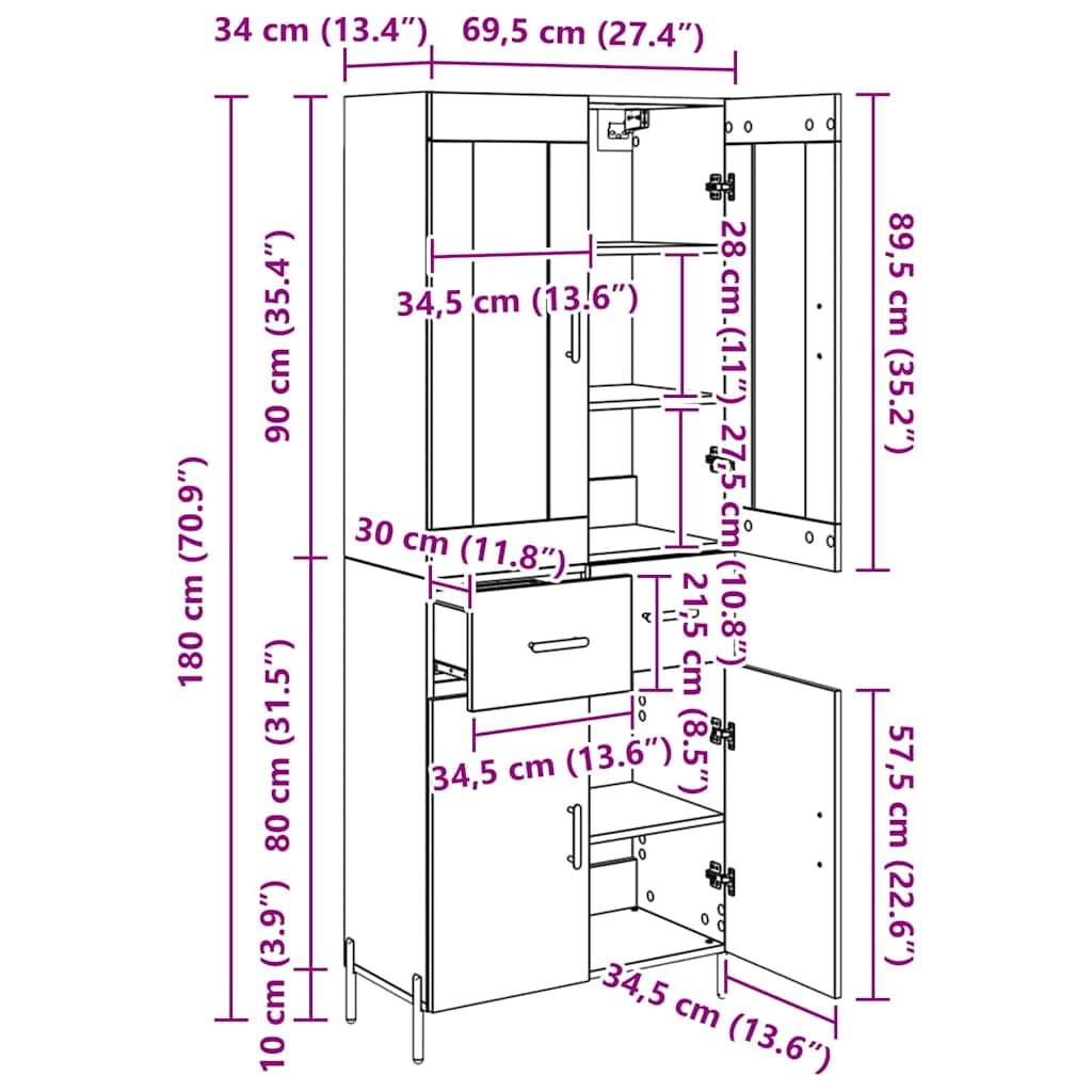 Abmessungen eines hohen Küchenschranks mit zwei oberen Regalen, einer mittleren Schublade und einem unteren Schrank. Gesamthöhe beträgt 180 cm (70,9 Zoll).