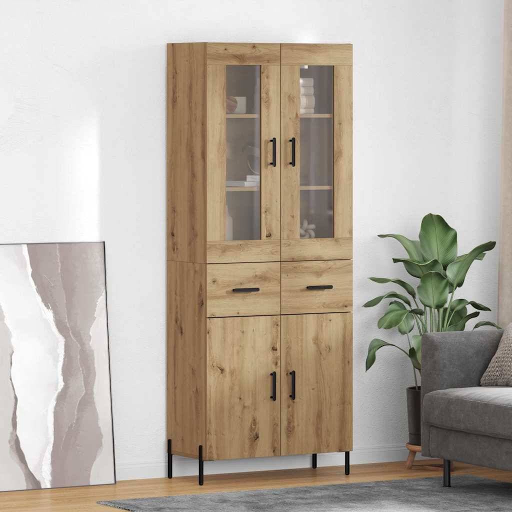 Ein hoher Holzschrank mit Glastüren, Schubladen und Regalen steht neben einer Topfpflanze und abstrakten Kunstwerken an einer Wand in einem modernen Wohnzimmer.