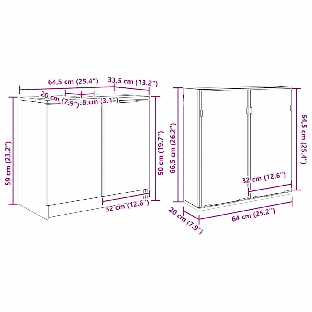 Schemazeichnung eines Schranks mit Abmessungen: 64,5 cm breit, 59 cm hoch, 32 cm tief, mit Innenregalen von 33,5 cm und 20 cm Höhe sowie 32 cm Tiefe.