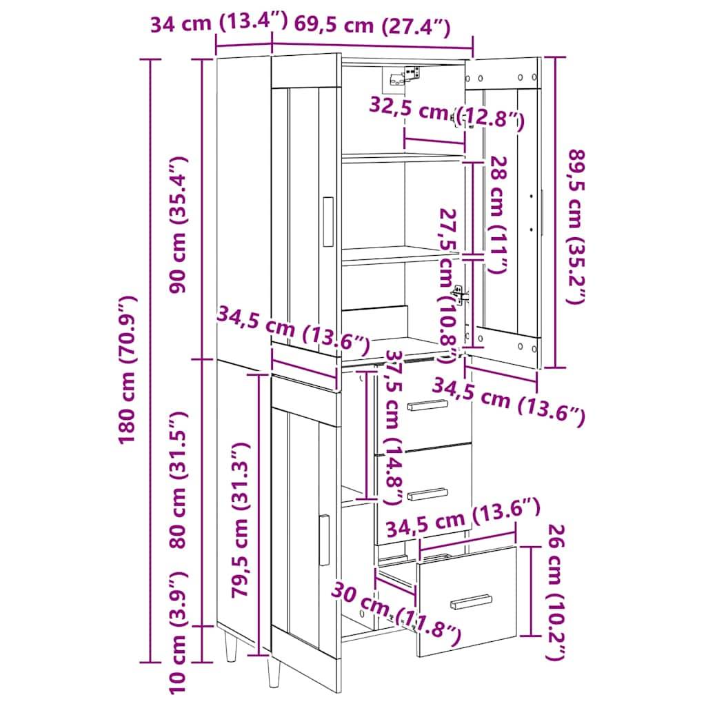 Hoher Schrank mit zwei oberen Türen, zwei Einlegeböden, zwei unteren Schubladen und Bodentüren. Die Maße umfassen eine Höhe von 180 cm und eine Breite von 34 cm.