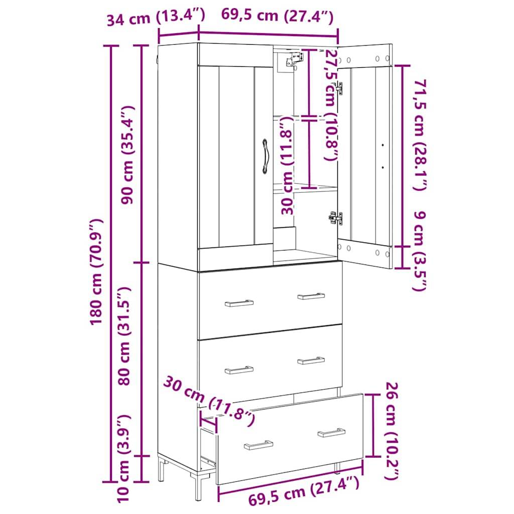 Kleiderschrank mit Maßen: 180 cm Höhe, 90 cm linker Abschnitt, 34 cm Tiefe, 69,5 cm rechter Abschnitt, Schubladen: je 30 cm Höhe, 26 cm Basishöhe.