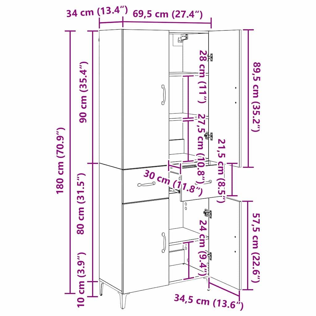vidaXL Highboard Schwarz Eichen-Optik 69,5 x 34 x 180 cm Holzwerkstoff