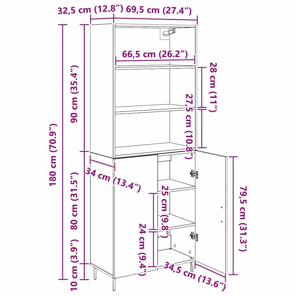 vidaXL Highboard Schwarz Eichen-Optik 69,5 x 34 x 180 cm
