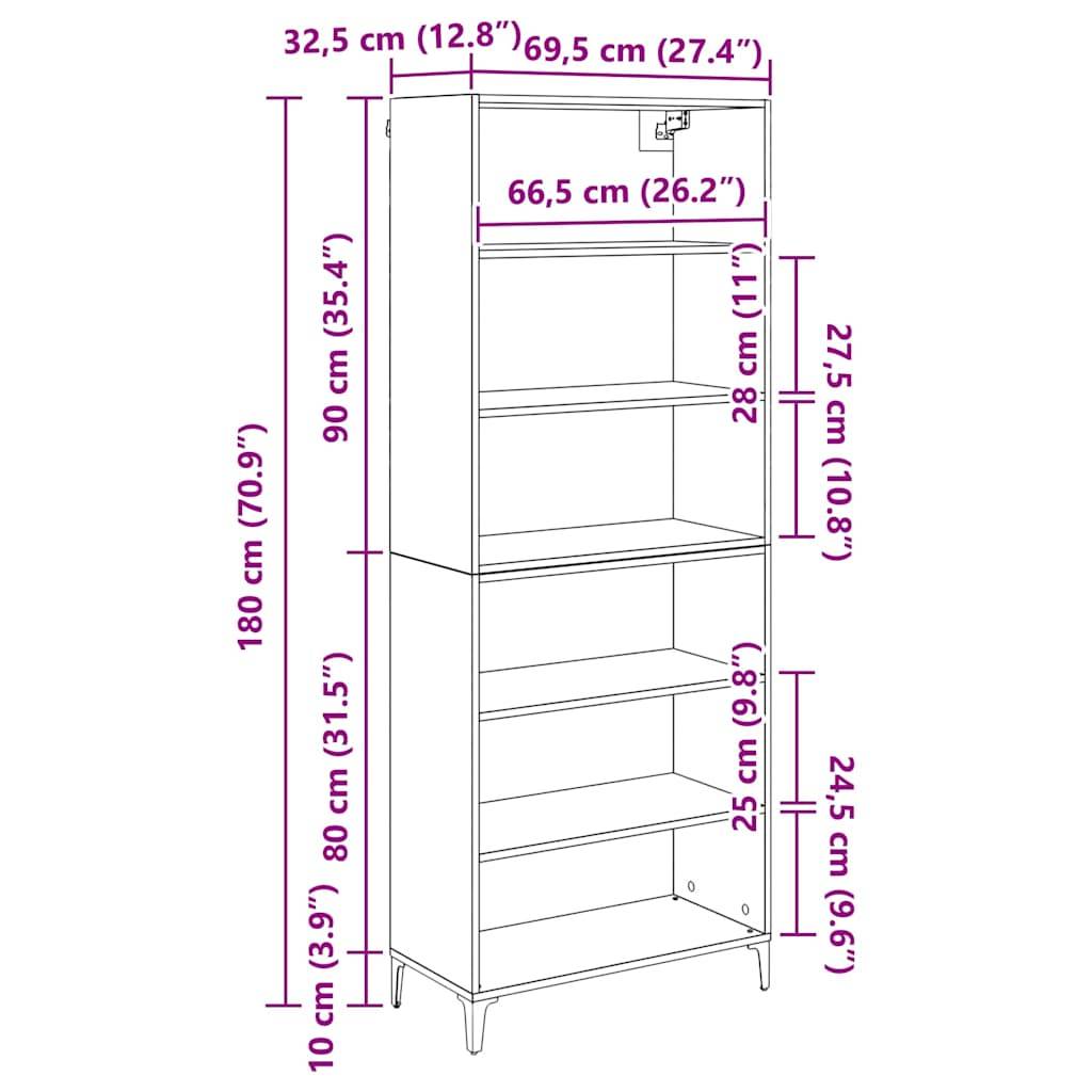 Darstellung eines Schranks mit Abmessungen. Höhe: 180 cm (70,9 Zoll), Breite: 69,5 cm (27,4 Zoll), Tiefe: 32,5 cm (12,8 Zoll). Fünf Einlegeböden dargestellt.