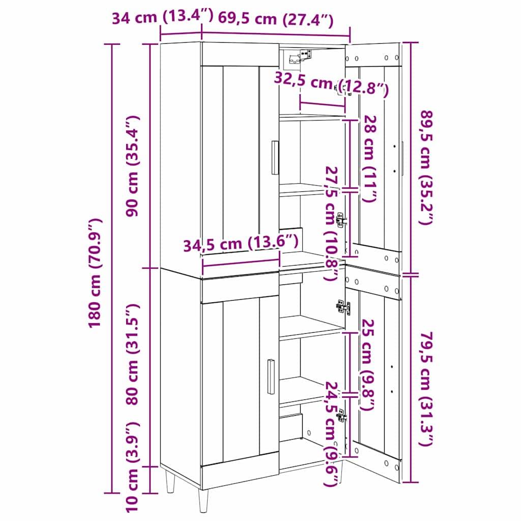 vidaXL Highboard Schwarz Eichen-Optik 69,5 x 34 x 180 cm Holzwerkstoff