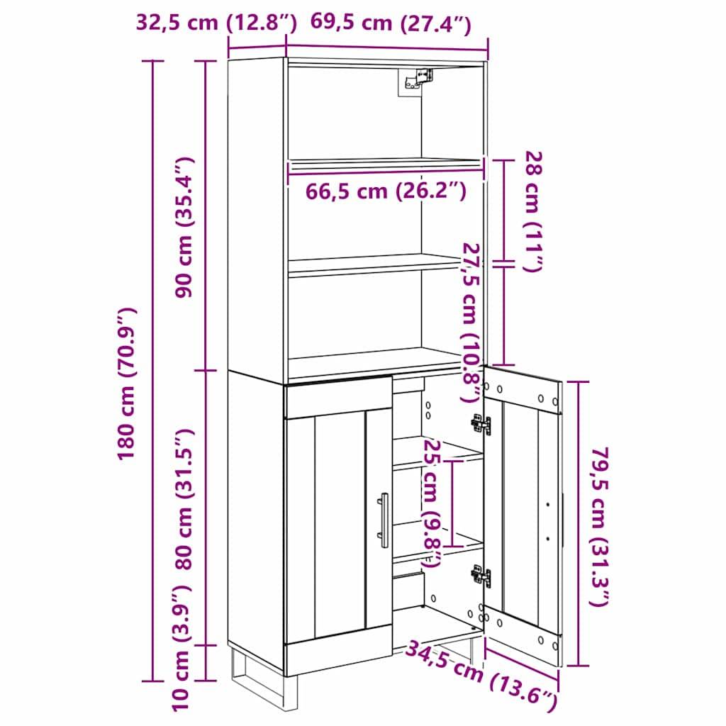 Ein hoher Aufbewahrungsschrank mit einem Oberboden und unteren Schranktüren. Die Abmessungen sind beschriftet und zeigen Höhen von 180 cm und 90 cm sowie Breiten von 32,5 cm und 66,5 cm.