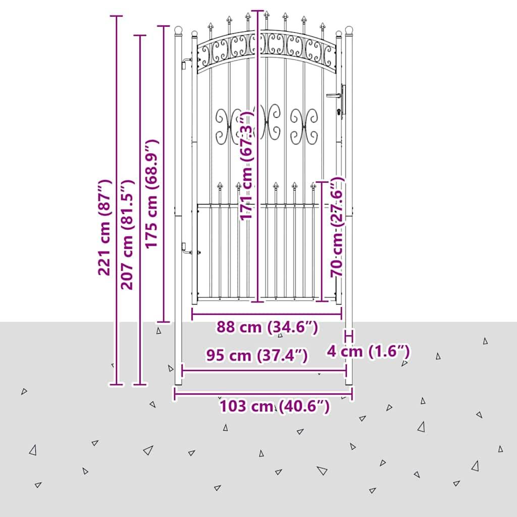 vidaXL Zauntor mit Speer-Top mit Schloss Grau 103 x 175 cm Stahl