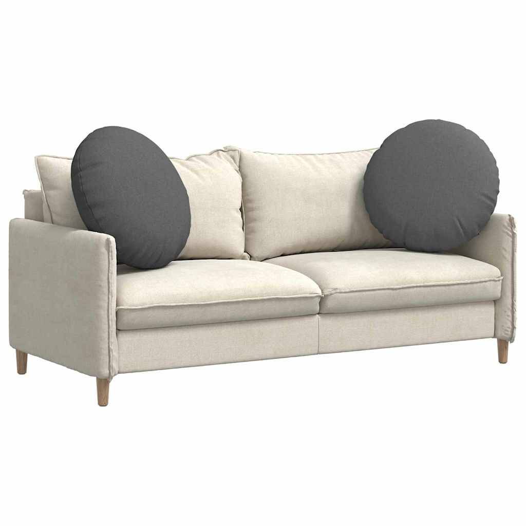 Ein beige Sofa mit zwei grauen runden Kissen an den Seiten, ausgestattet mit Holzbeinen.