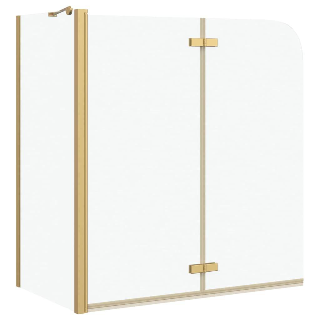 Eine transparente Duschkabine mit goldfarben metallfarbenen Beschlägen und Griffen. Die Kabine weist ein modernes Design mit zwei Glasplatten auf.