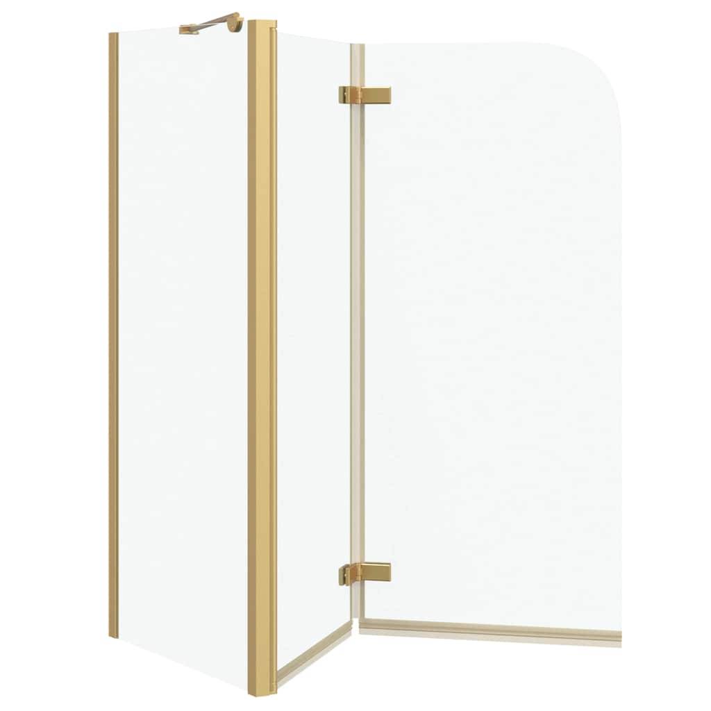 Glastür für die Dusche mit goldfarbenen Scharnieren und Rahmen, die ein klares Scheibenlayout aufweist und eine kleine Handtuchstange an der Innenseite hat.