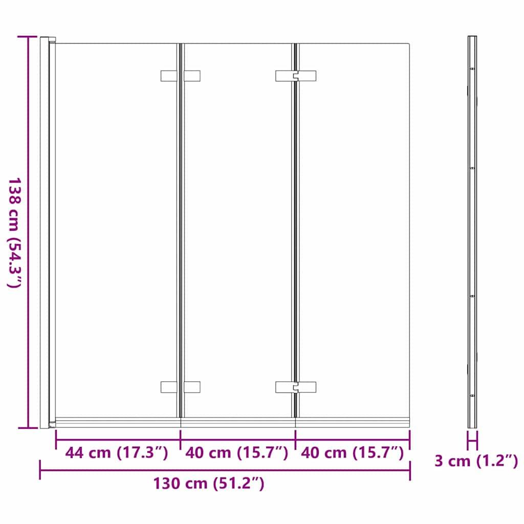 Glasspaneel-Abmessungen: Höhe 133 cm (52,4 Zoll), Gesamtbreite 130 cm (51,2 Zoll). Abschnitte: 44 cm (17,3 Zoll), 40 cm (15,7 Zoll); Tiefe 3 cm (1,2 Zoll).