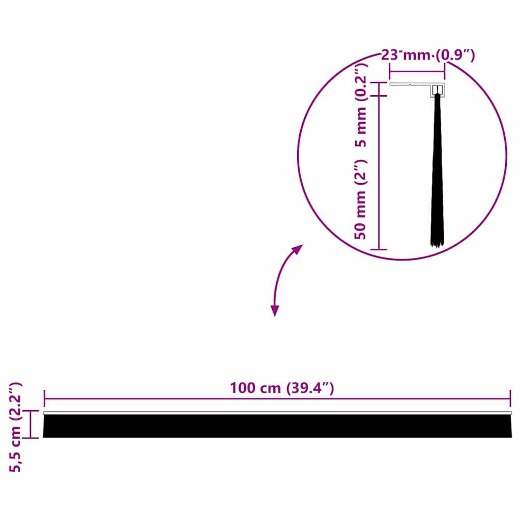 Diagramm eines schwarzen rechteckigen Streifens, 100 cm (39,4") lang und 5,5 cm (2,2"") breit, mit einer 50 mm (2"") Quaste, die an einem Ende befestigt ist und 23 mm (0,9"") herausragt.