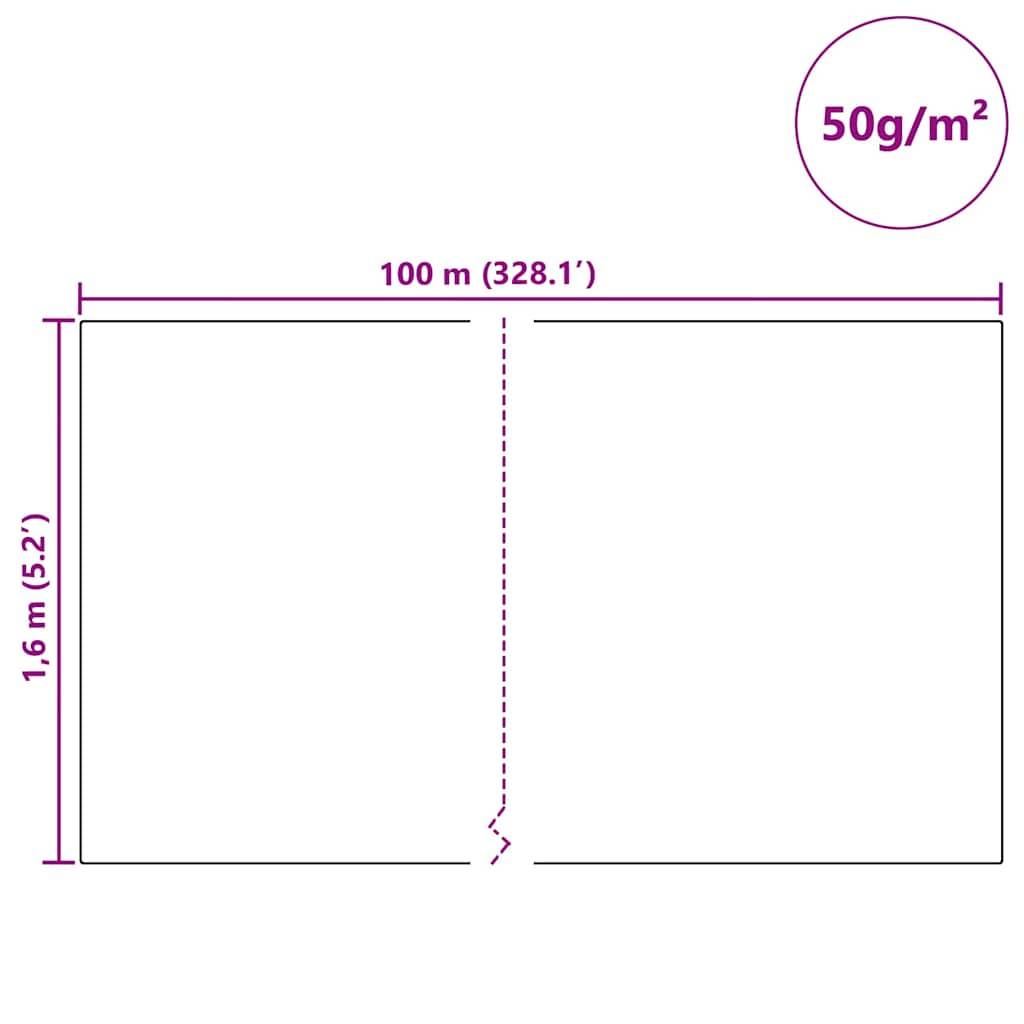 Darstellung eines Rechtecks mit den Maßen 100 m x 1,6 m, versehen mit einer Notiz '50 g/m²' in der oberen rechten Ecke. Die Skalierung umfasst '328,1