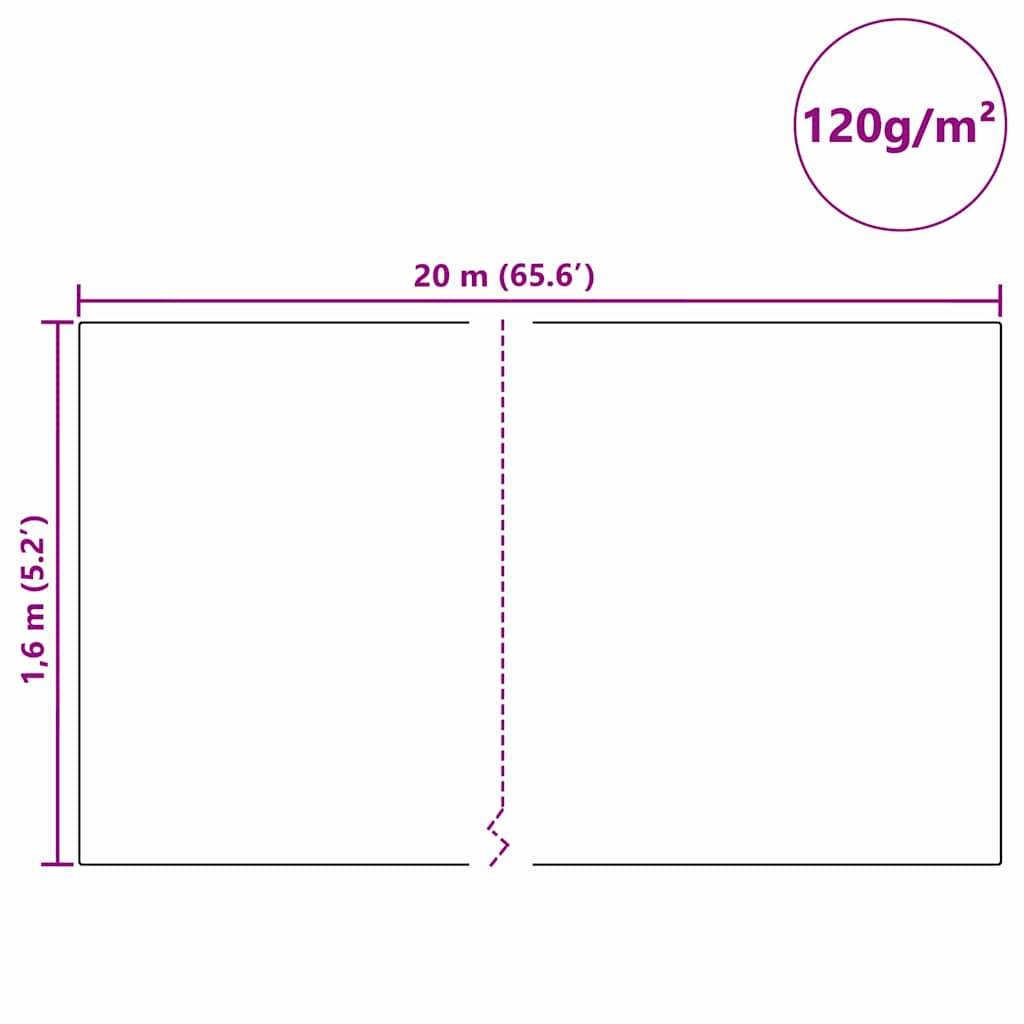Diagramm zeigt ein rechteckiges Blatt mit Abmessungen 20 m (65,6') x 1,6 m (5,2'). Stärke: 120 g/m².