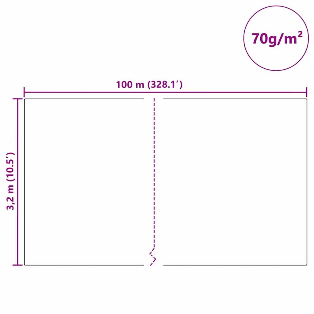 Diagramm, das ein rechteckiges Blatt zeigt, 100 Meter lang und 3,2 Meter breit, mit einer gestrichelten Linie in der Mitte. Text: 70 g/m².