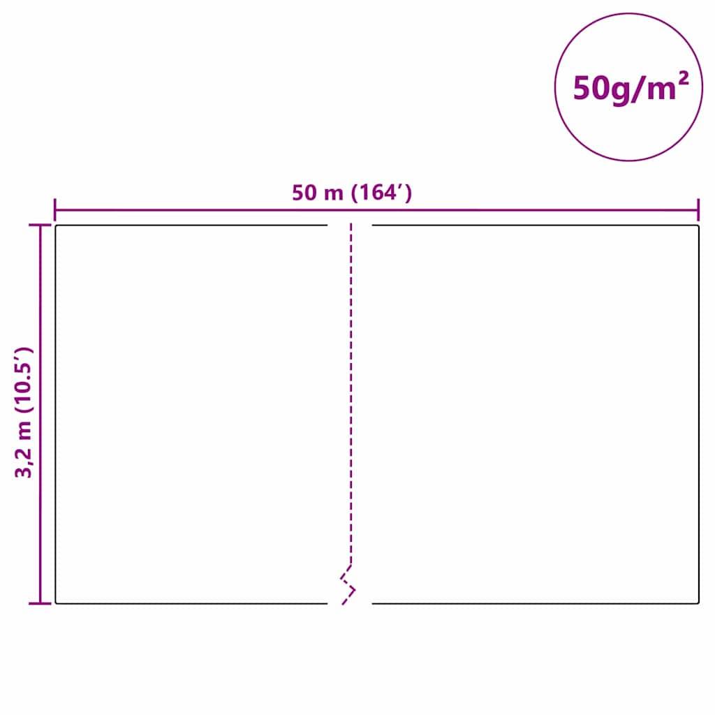 Diagramm eines Rechtecks mit den Abmessungen: 50 Meter lang, 3,2 Meter hoch. Ein Pfeil zeigt die Richtung an. Text „50g/m²