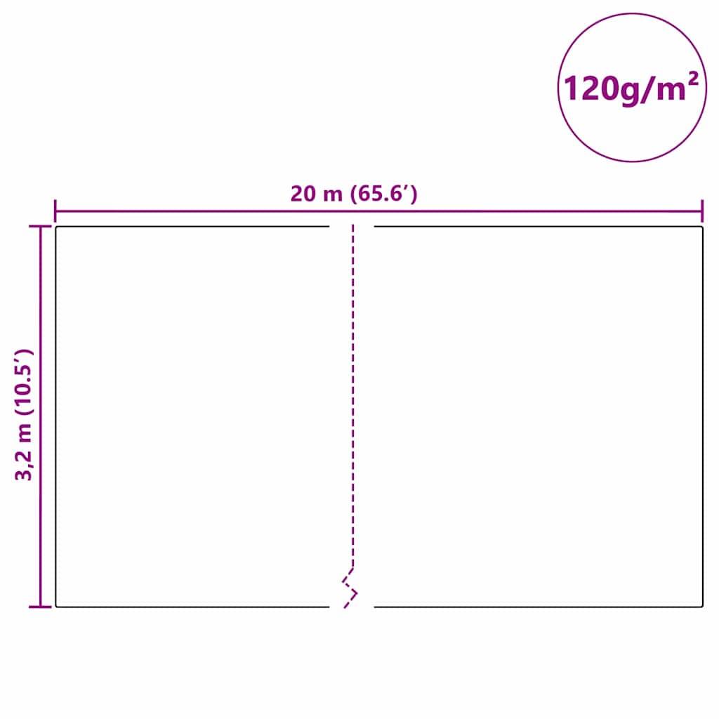 Ein Diagramm eines rechteckigen Blattes mit den Abmessungen 20 Meter mal 3,2 Meter mit einem Rollensymbol, das „120g/m²