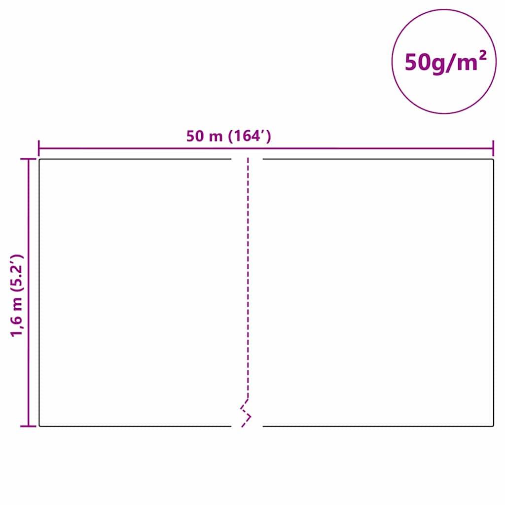 Diagramm mit zwei Rechtecken, jeweils 50 m (164') lang und 1,6 m (5,2') hoch. Text „50g/m²