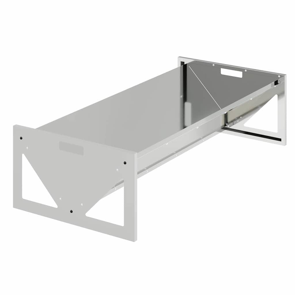 Ein Metalldruckerständer mit einer flachen Oberfläche und dreieckigen seitlichen Stützen, konzipiert für Bürogeräte oder Aufbewahrung.