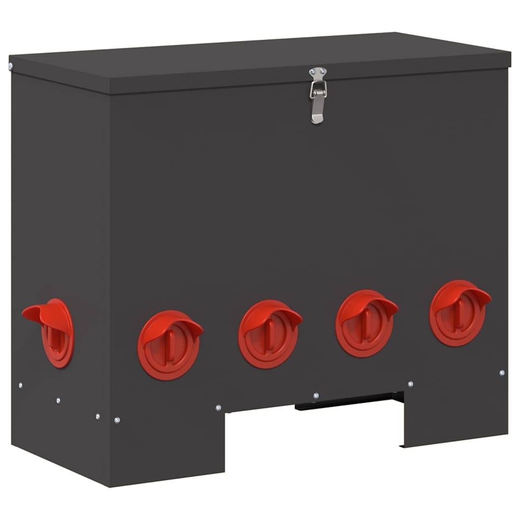 Eine schwarze Metallbox mit einem Verschluss oben und vier roten kreisrunden Anschlüssen an der Vorderseite, höchstwahrscheinlich für industrielle oder elektrische Anwendungen.