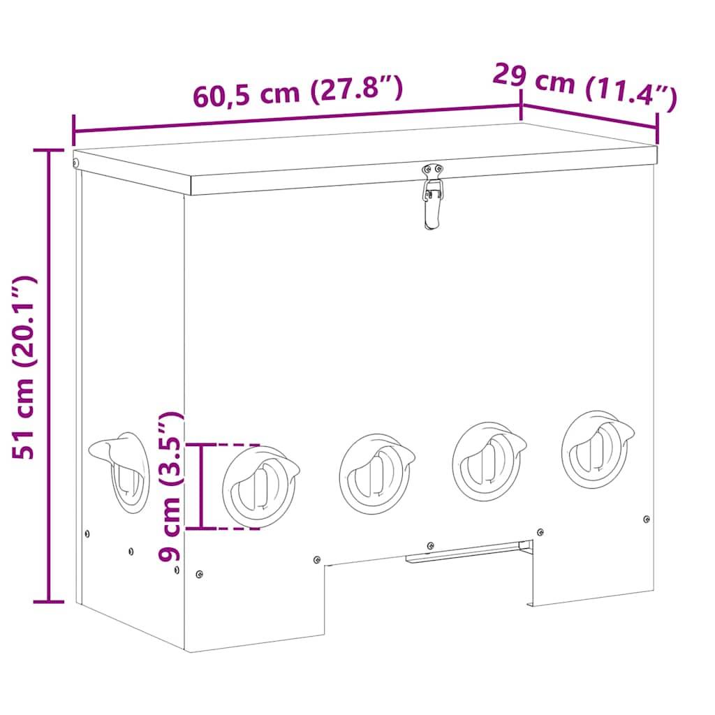Eine Zeichnung einer rechteckigen, verschließbaren Box mit folgenden Abmessungen: Höhe 51 cm, Breite 60,5 cm, Tiefe 29 cm. Die Box verfügt über vier kreisrunde Öffnungen mit einem Durchmesser von jeweils 9 cm.
