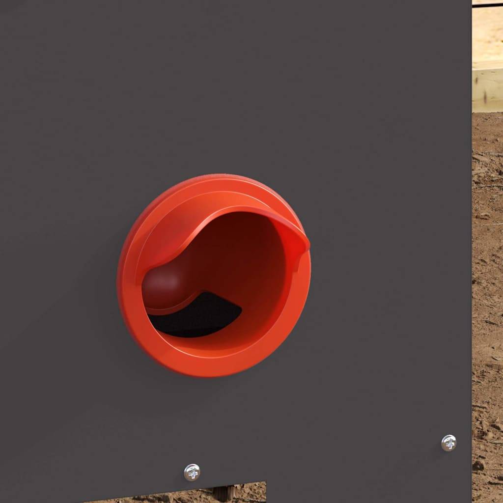 Eine rote kreisförmige Öffnung in einem grauen Panel auf der linken Seite, möglicherweise Teil einer Maschine. Braune, strukturierte Oberfläche auf der rechten Seite, die eine natürliche Umgebung andeutet.