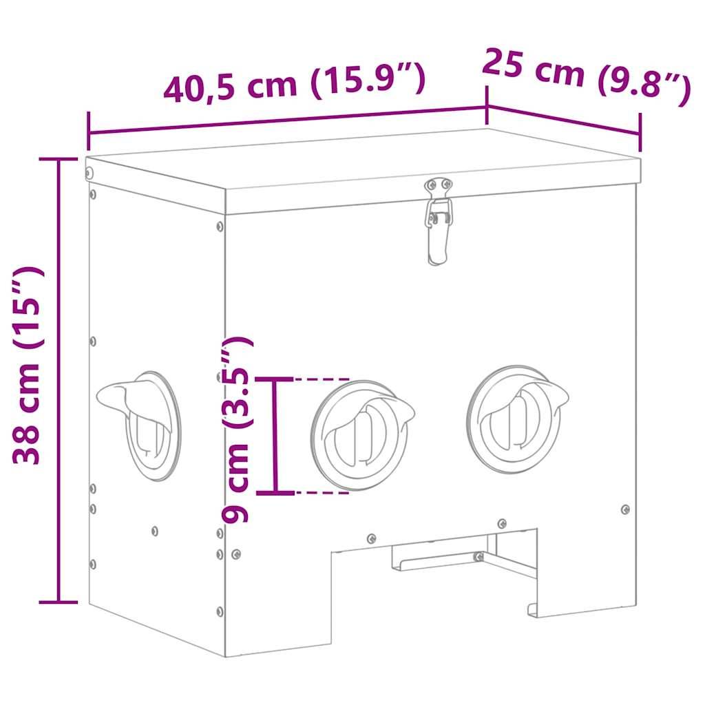 Diagramm einer rechteckigen Box mit Abmessungen: 40,5 cm breit, 25 cm tief, 38 cm hoch. Ausgestattet mit drei Löchern, jeweils 9 cm im Durchmesser.