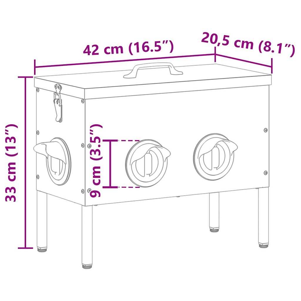Diagramm einer rechteckigen Box mit Abmessungen: 33 cm hoch, 42 cm breit und 20,5 cm tief. Ausgestattet mit drei kreisförmigen Öffnungen an der Seite.