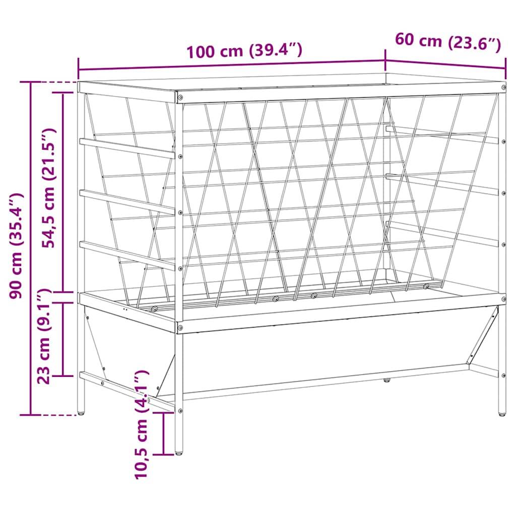 Eine technische Skizze eines hohen Hochbeets mit folgenden Abmessungen: 100 cm breit, 60 cm tief, 90 cm hoch, mit einem 23 cm niedrigen Regal und 10,5 cm Beinhöhe.