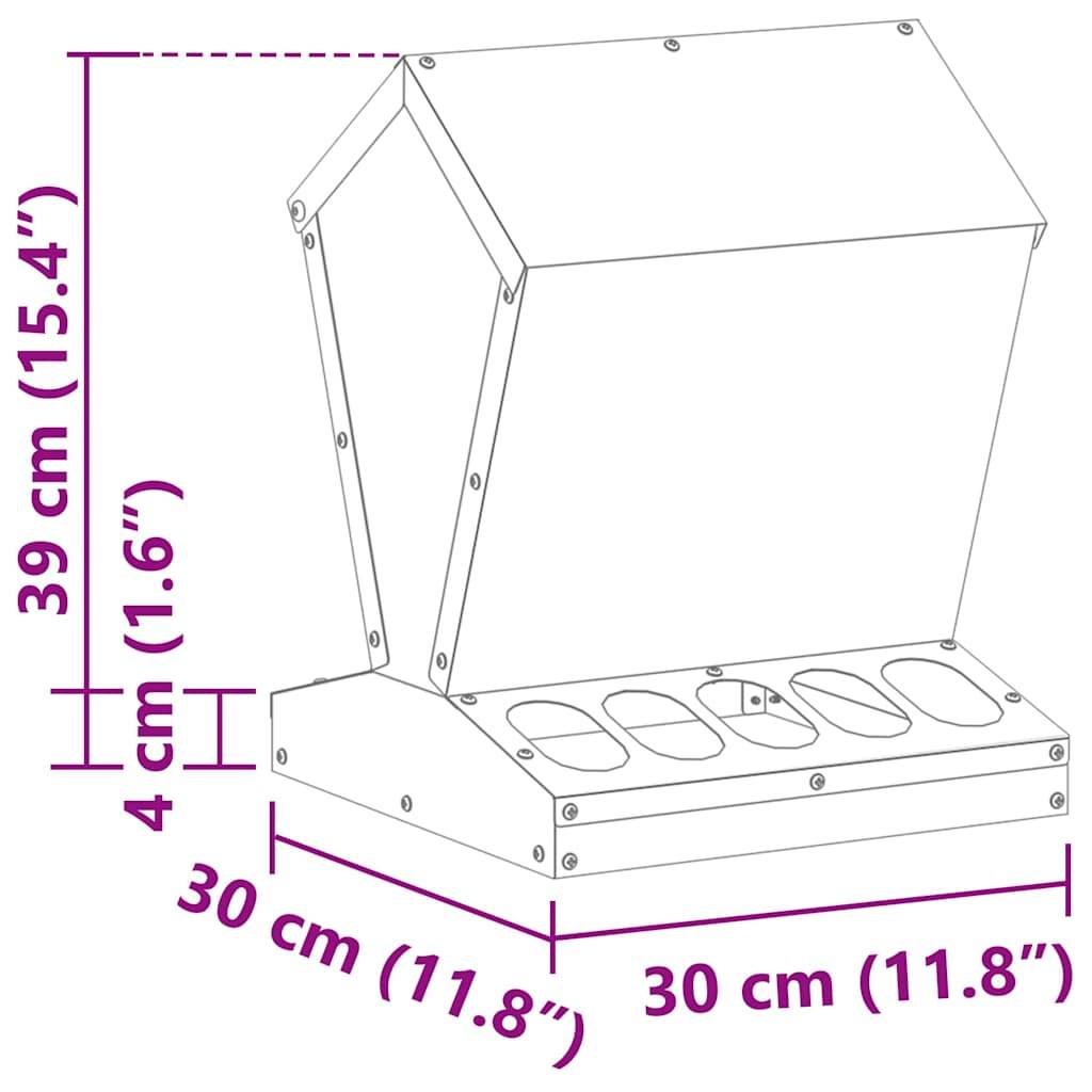 Diagramm eines Vogelfutterhauses mit Maßen: Höhe 39 cm (15,4