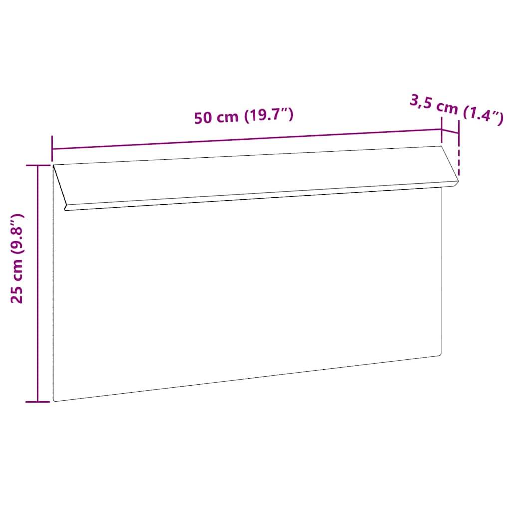 Ein Umschlag wird gezeigt mit beschrifteten Abmessungen: 50 cm (19,7 Zoll) breit, 25 cm (9,8 Zoll) hoch und 3,5 cm (1,4 Zoll) tief für die Klappe.