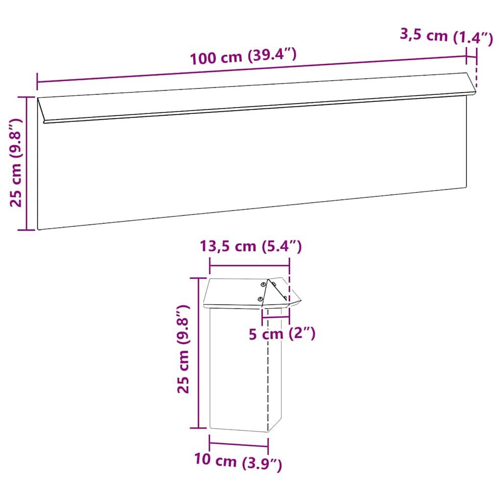 Diagramm einer rechteckigen Box mit den Maßen 100 cm x 25 cm x 3,5 cm, mit einer kleineren Detailansicht, die einen 13,5 cm hohen Abschnitt zeigt.