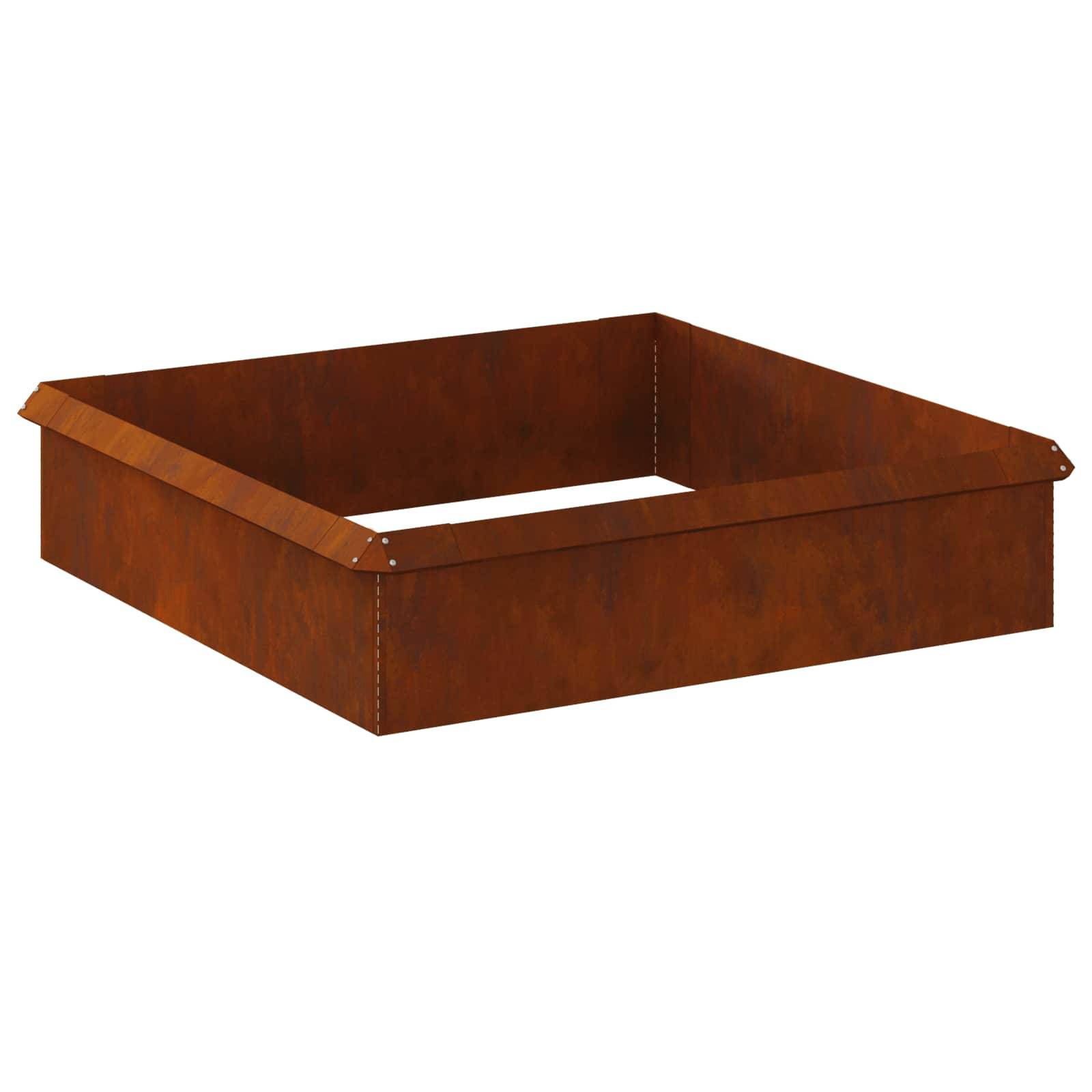 Ein quadratisches, rostbraun gefärbtes Metallgartenbett-Gestell, auf weißem Hintergrund platziert. Ideal für erhöhte Gartenbeete und um rustikalen Charme in Außenbereiche zu bringen.