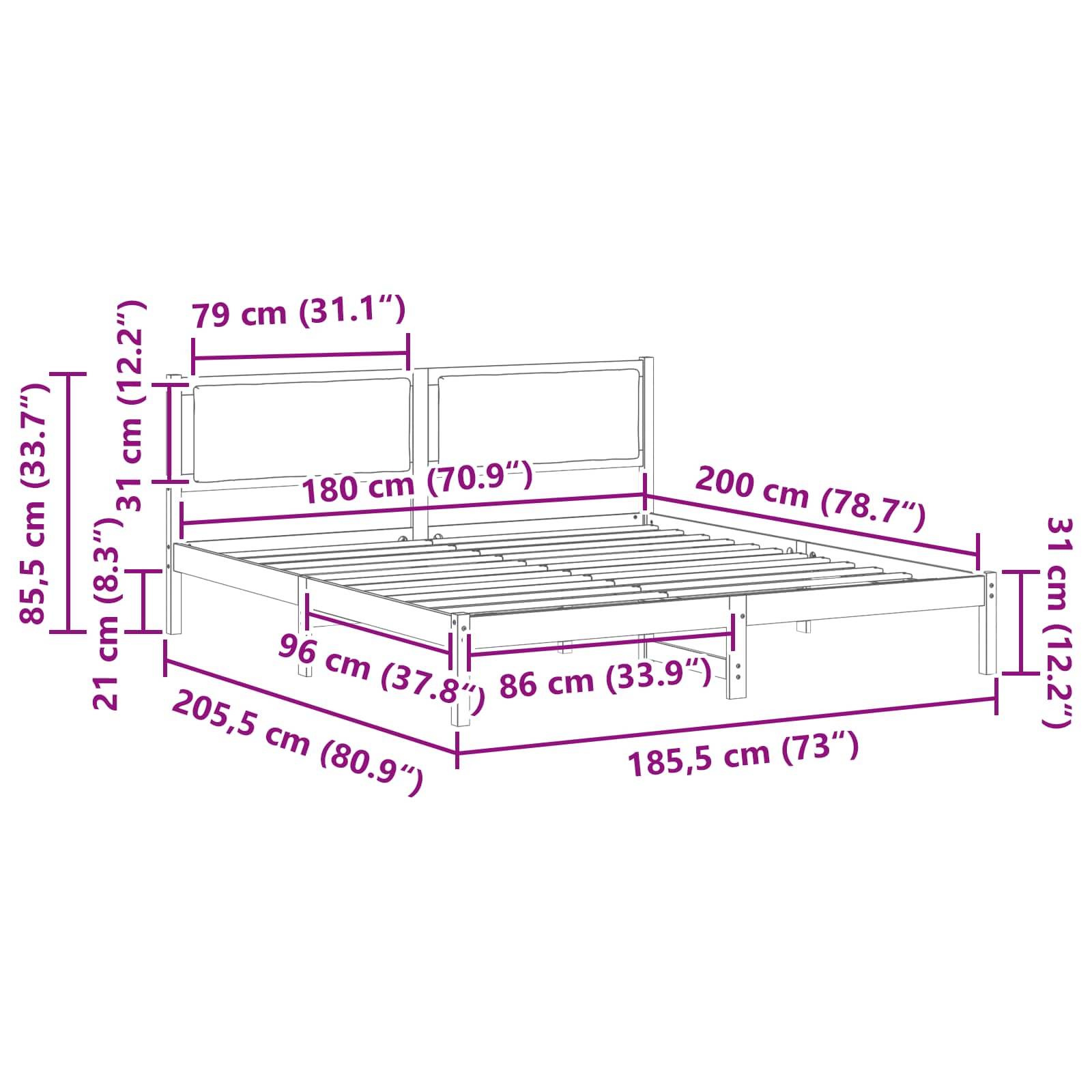 Bettmaße-Diagramm: Kopfteil 85,5 cm hoch, Breite 180 cm. Bettlänge 205,5 cm, Breite 185,5 cm. Seitenhöhe 31 cm, Bodenhöhe 21 cm.