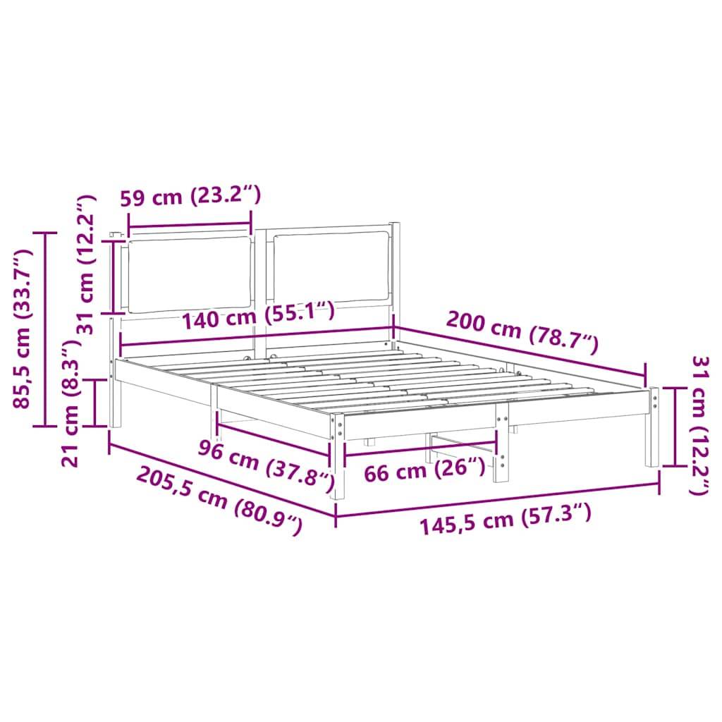 Darstellung eines Bettgestells mit Abmessungen: Höhe 85,5 cm, Breite 140 cm, Länge 200 cm. Zusätzliche Abmessungen in Zoll und Zentimetern angegeben.