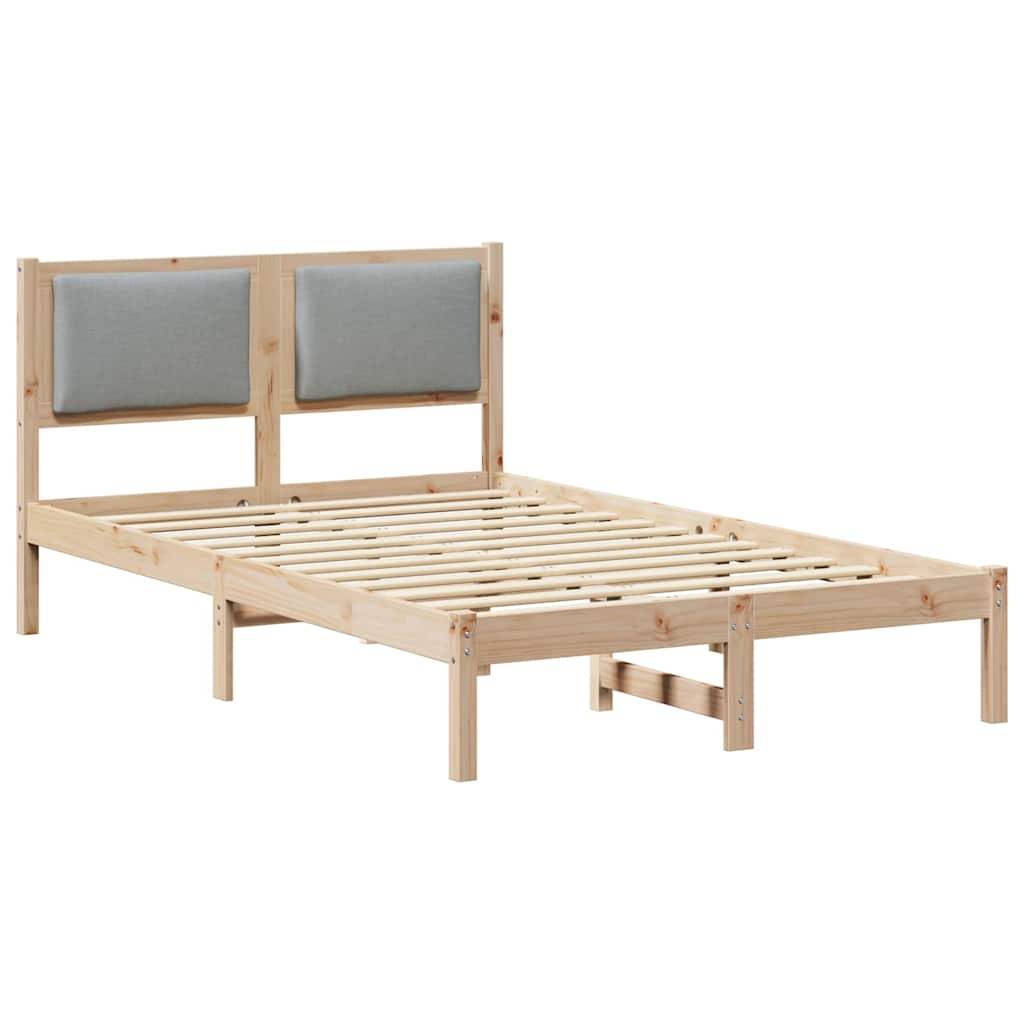 Holzbettgestell mit Lattenrost und zwei grauen Polsterpaneelen am Kopfteil. Minimalistisches Design. Matratze nicht enthalten.