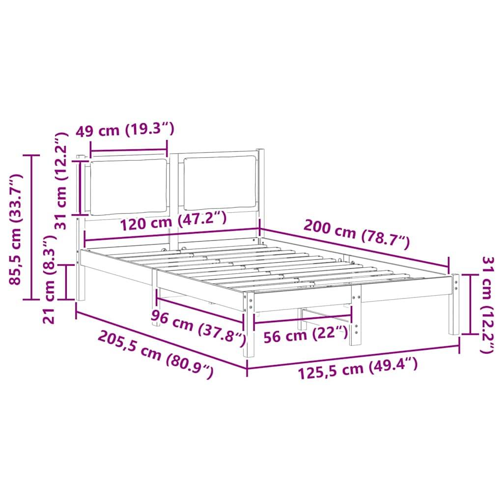 Bettrahmenabmessungen: Höhe 85,5 cm, Breite 120 cm, Länge 205,5 cm. Bietet eine Liegefläche von 120 cm x 200 cm. Höhenverstellbare Sektionen.