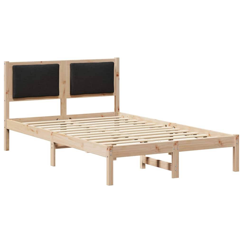 Ein Holzbettgestell mit Lattenrost und zwei gepolsterten Kopfteilen in Schwarz.