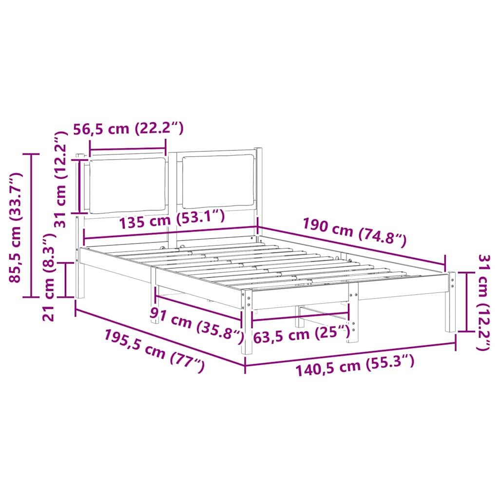 Darstellung eines Bettgestells mit Abmessungen: Höhe 85,5 cm, Länge 195,5 cm, Breite 140,5 cm und verschiedenen spezifischen Querschnittsmessungen.
