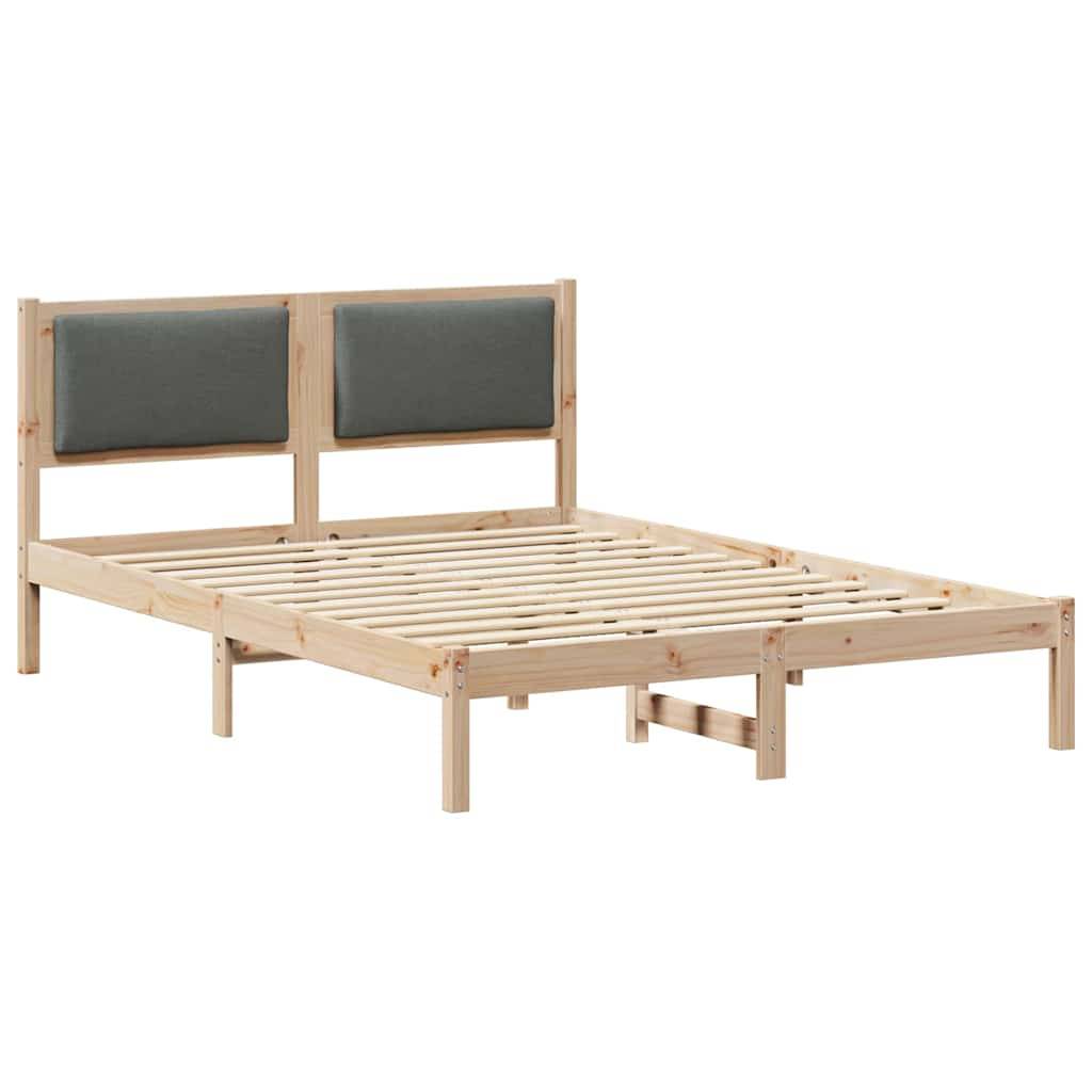 Ein Holzbettgestell mit schlichtem Design, ausgestattet mit zwei gepolsterten Kopfteilen in grauem Stoff. Passend für eine moderne Schlafzimmereinrichtung.
