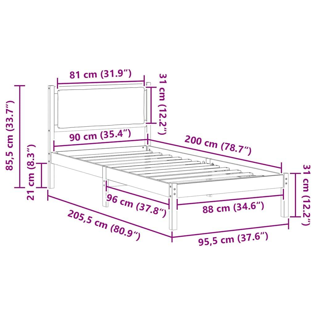Diagramm eines Bettgestells mit Maßen: Breite 96 cm (37,8