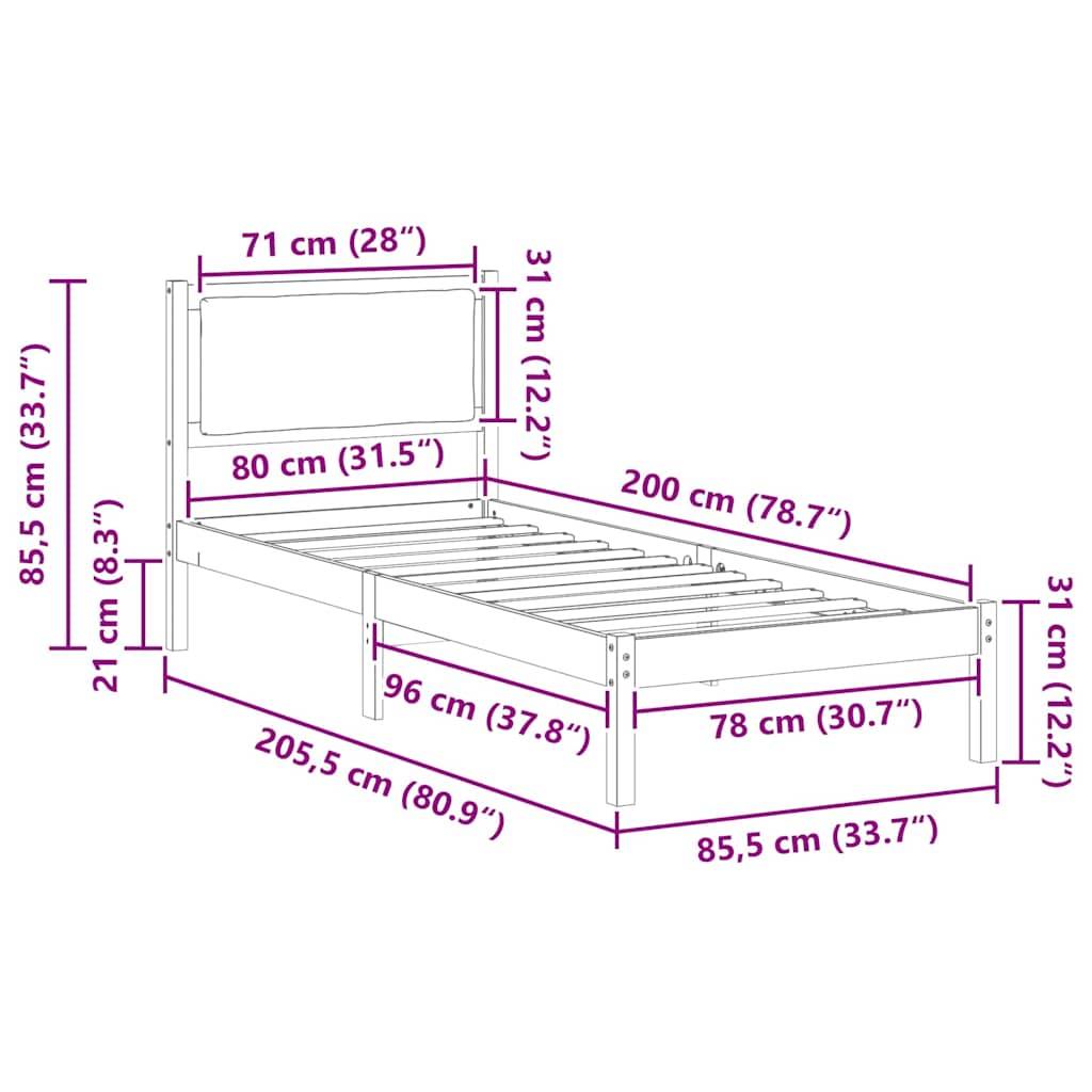 Skizze eines Bettgestells mit Abmessungen: Höhe 89,5 cm, Breite 80 cm, Länge 205,5 cm. Weitere Maße: 78 cm, 96 cm, 71 cm und 31 cm.