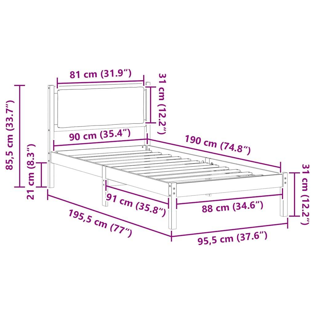 Eine Linienzeichnung eines Bettgestells mit Maßen: Länge 190 cm, Breite 90 cm und Höhe 85,5 cm. Seiten- und Frontansicht enthalten.