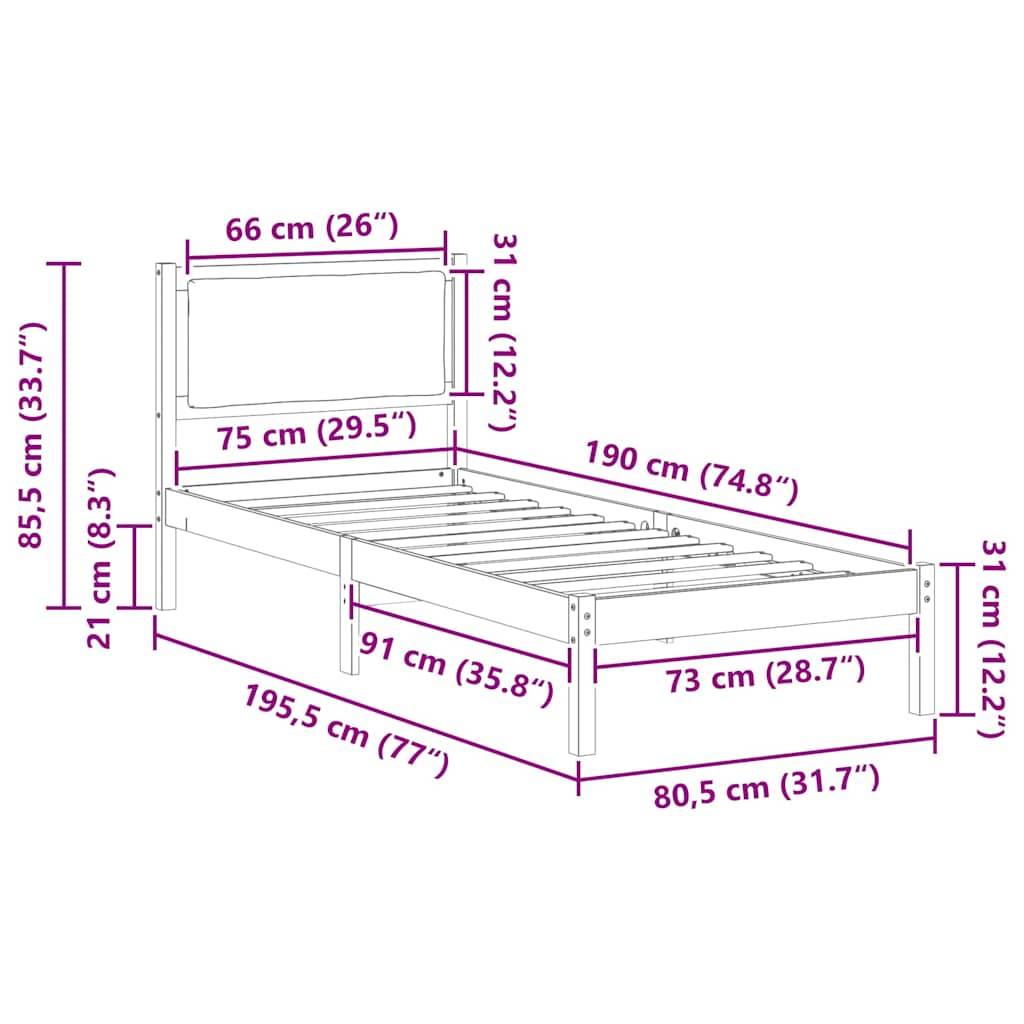 Diagramm eines Bettgestells mit Maßen: Höhe 89,5 cm, Breite des Kopfteils 66 cm, Breite 91 cm, Länge 195,5 cm, Höhe des Fußteils 31 cm.