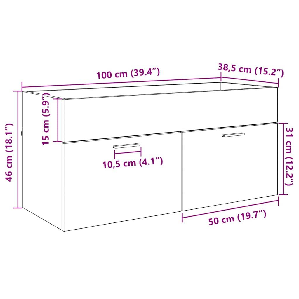 Schematische Darstellung eines Schranks mit Maßen: Gesamthöhe 46 cm, Breite 100 cm, Tiefe 38,5 cm. Obere Schublade Höhe 15 cm, unteres Fach 31 cm.