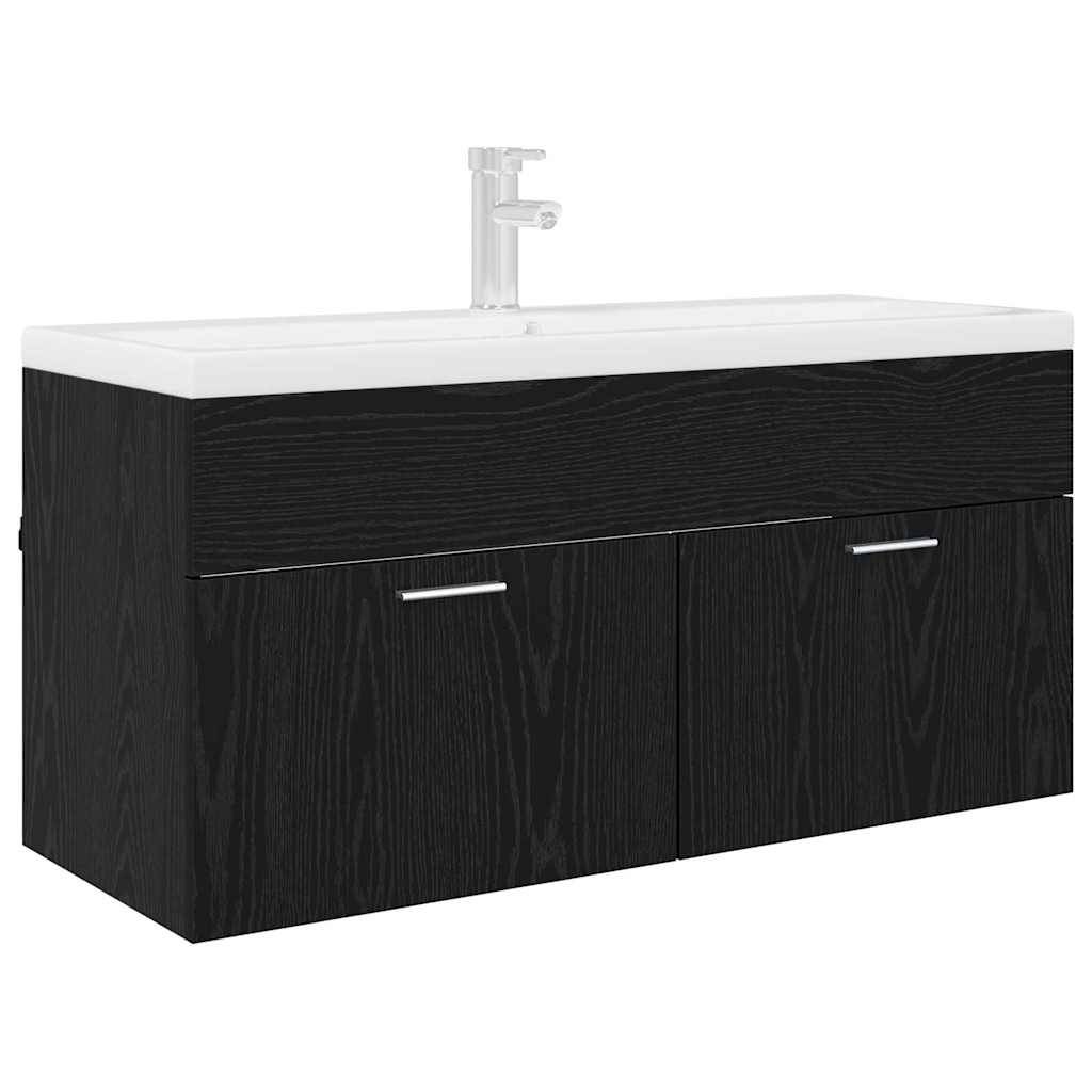 Schwarze Badezimmer-Waschtischkonsole mit modernem rechteckigem Design, ausgestattet mit einem weißen Waschbecken und zwei Schranktüren mit Metallgriffen darunter.