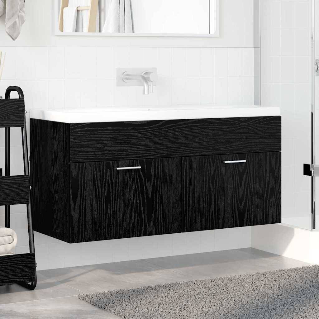 Modernes Badezimmer mit einem schwebenden schwarzen Holzwaschtisch mit einem weißen Waschbecken, wandmontierter Armatur und einem grauen Teppich auf dem Boden.
