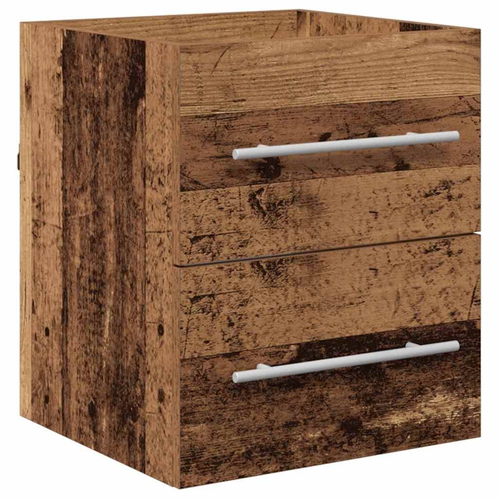 Eine rustikale Holzschubladenkommode mit zwei Schubladen und Metallgriffen, die eine abgenutzte Oberfläche aufweist und häufig zur Aufbewahrung oder Dekoration verwendet wird.