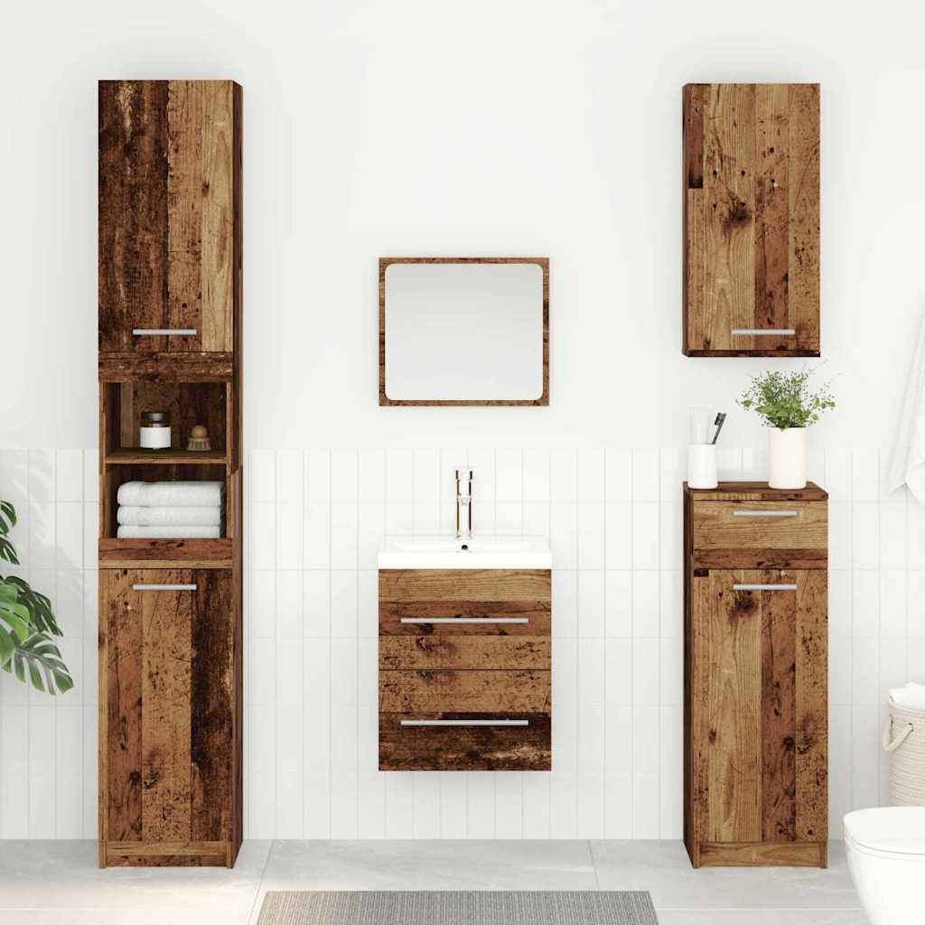 Ein modernes Badezimmer verfügt über rustikale Holzmöbel, ein kleines weißes Waschbecken, einen rechteckigen Spiegel und eine Pflanze zur Dekoration.